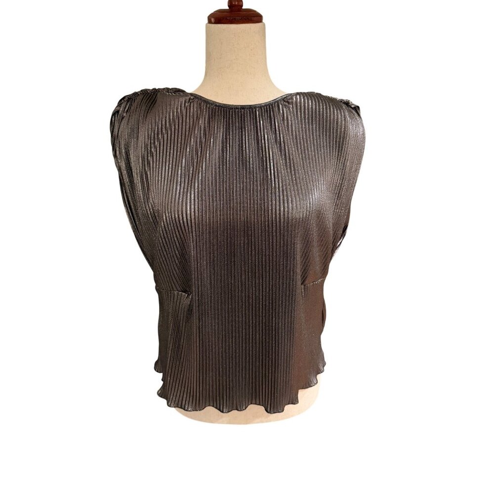 Zara Metallic Bronze Pleated Sleeveless Blouse Padded Shoulder Top XS
